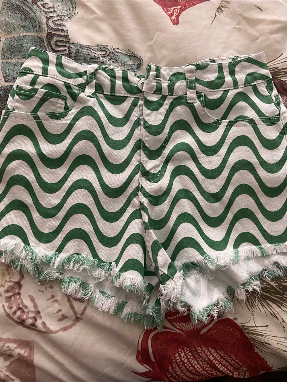 Altar'd State Green and White Wavy Stripe Denim Shorts Small
